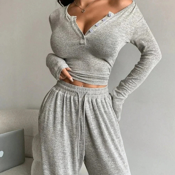 Light Grey Casual Women's Solid Color Button Long Sleeve T-Shirt And Pants Set - Picture 1 of 7
